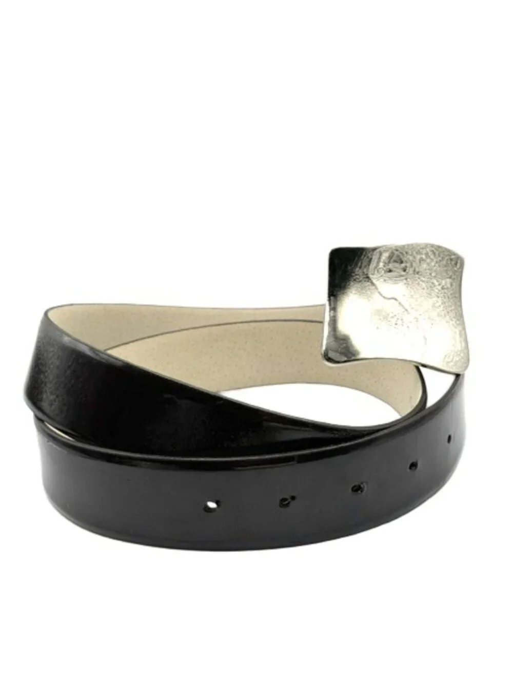 Calvin Klein Black Genuine Leather Belt Abstract Silver Buckle Medium